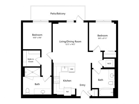 Floor plan for 2 beds, 2 baths, 884 sqft
